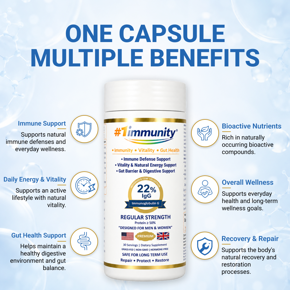 #1immunity 22% IgG Regular Strength benefits for immune support, gut health, energy, recovery, bioactive nutrients, and overall wellness