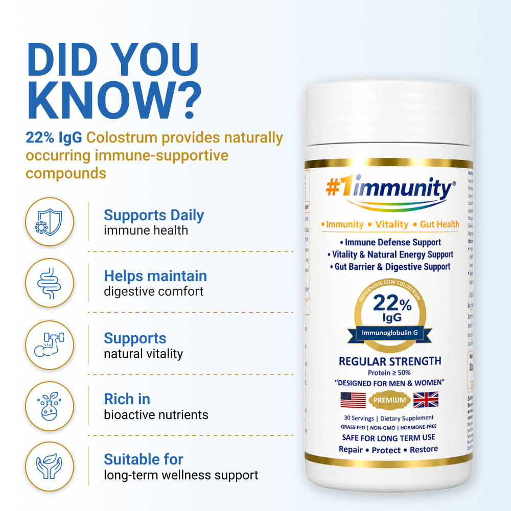 #1immunity 22% IgG Regular Strength premium bovine colostrum supplement for daily immune support, digestive health, vitality, and long-term wellness