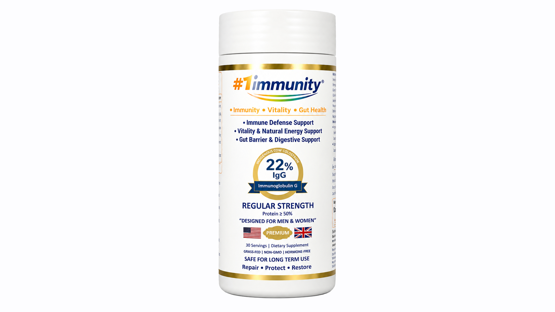 #1immunity 22% IgG Regular Strength bovine colostrum supplement bottle for immune support, gut health, and daily vitality