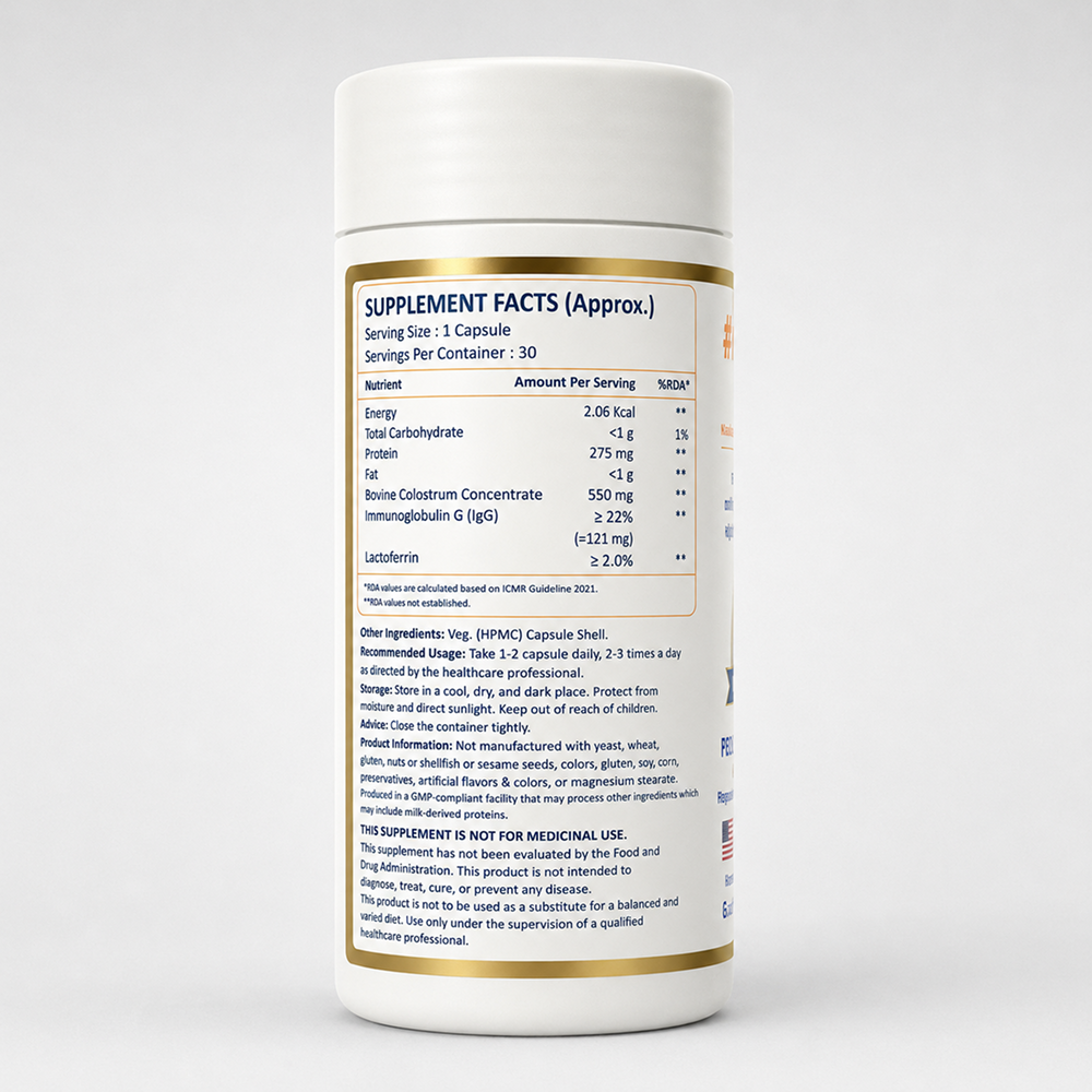 #1immunity 22% IgG Regular Strength supplement facts label showing nutritional information, ingredients, and usage directions