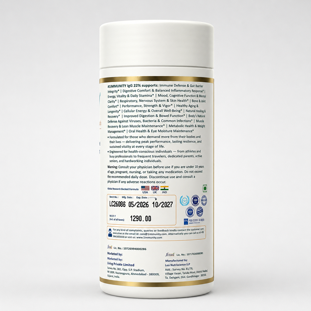 #1immunity 22% IgG Regular Strength back label showing product information, usage directions, ingredients, warnings, and manufacturing details