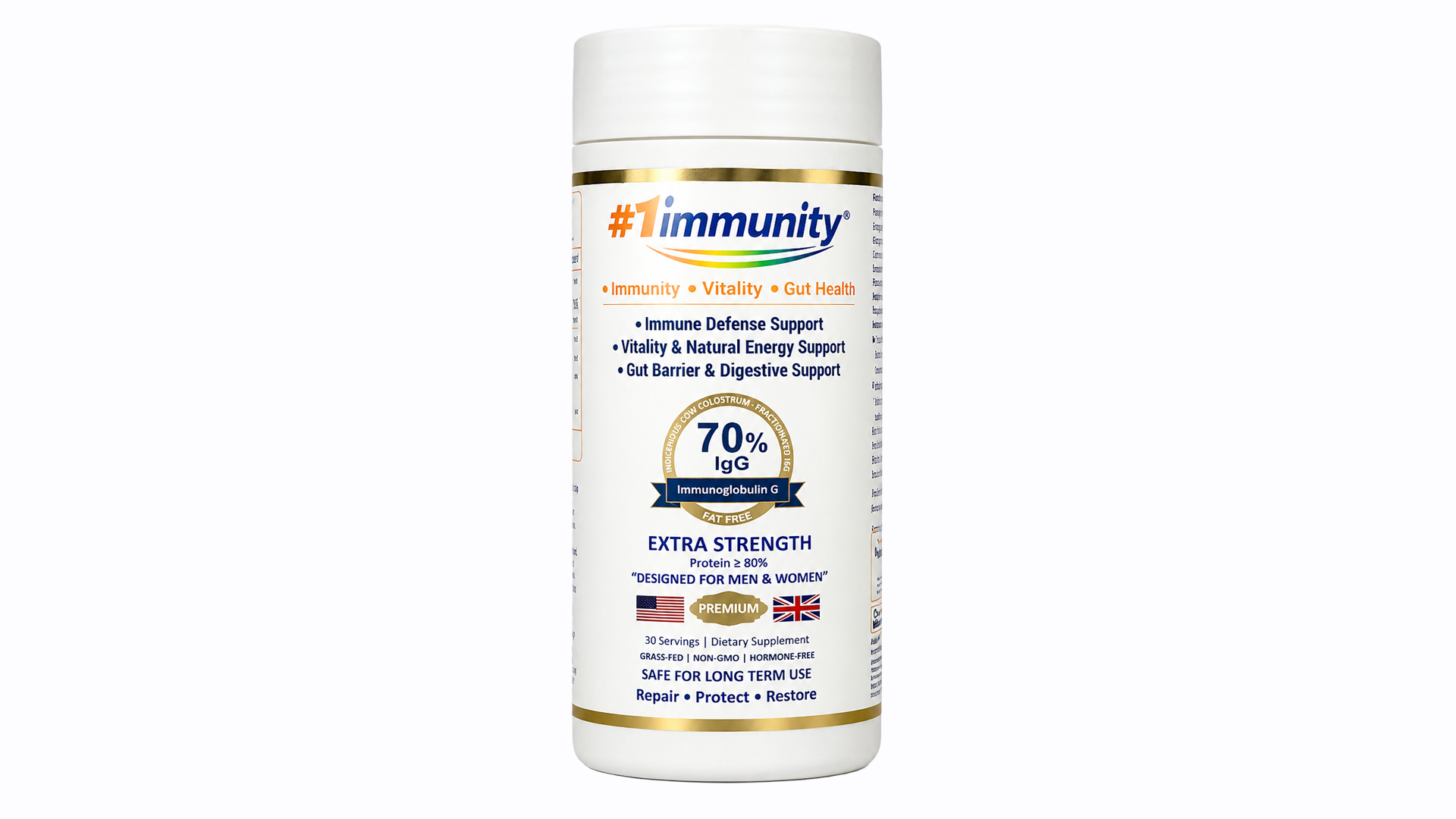 #1immunity 70% IgG Extra Strength bovine colostrum supplement bottle for immune support, gut health, and vitality